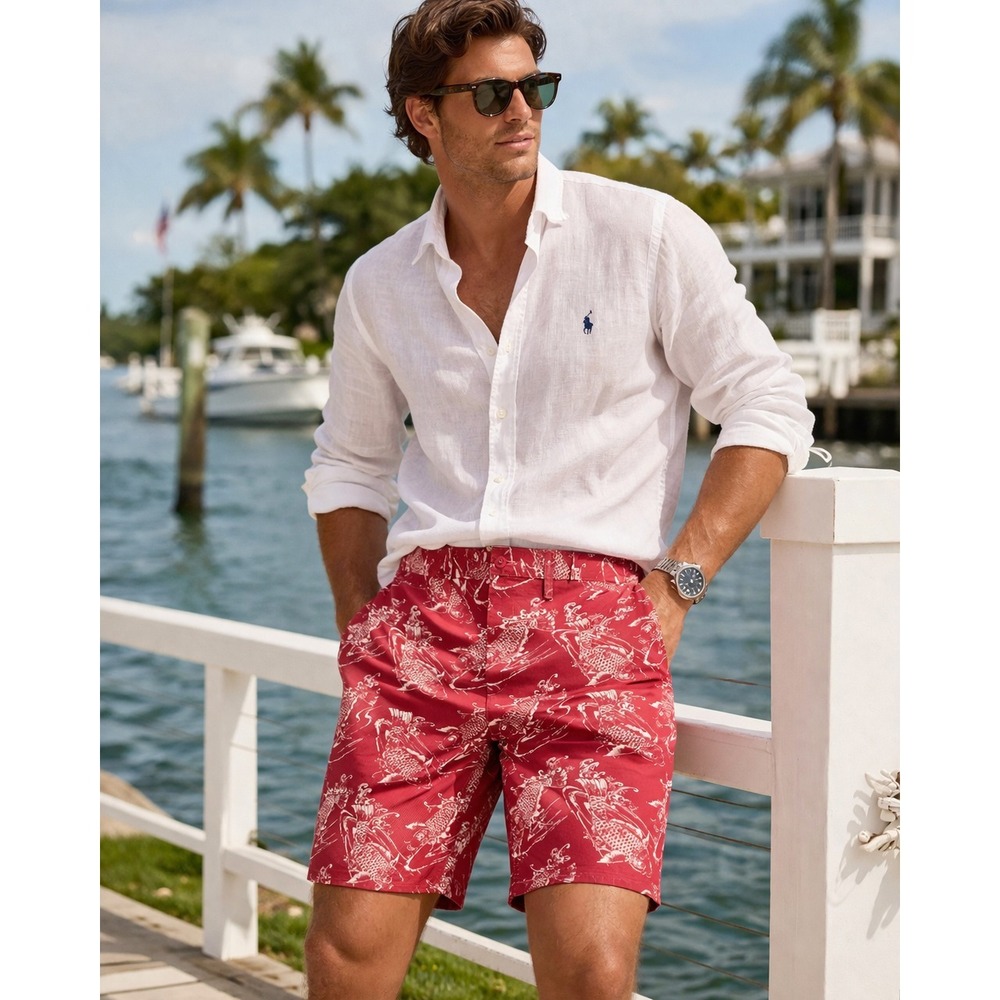 POLO x Ralph Lauren KOI FISH Sun washed Cotton Red Shorts Pony Men's 42